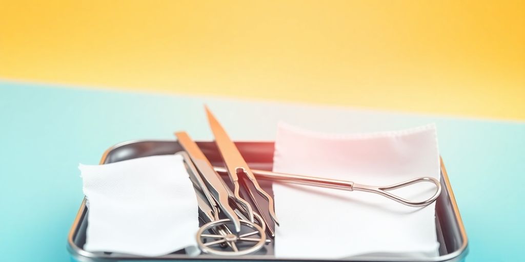 Dental emergency kit with tools on a bright background.